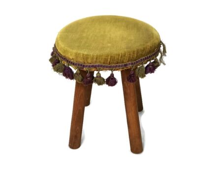 Hand Carved wood Milking Stool Pedestal Table Pedestal Barn Style green fabric on top modernist