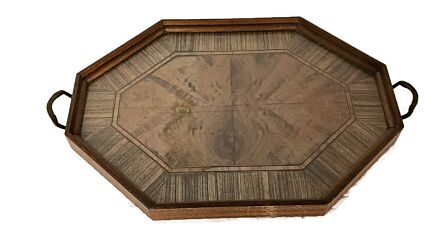 Mid Century Serving Tray wood green Inlay with brass Handles vintage