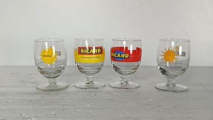 collection of 4 different vintage French Ricard Glasses Pastis Apero France HTF Collector  