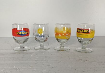 collection of 4 different vintage French Ricard Glasses Pastis Apero France HTF France