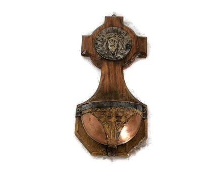 Holy water font Vessel antique Copper Wood Jesus Christ head of thorns very special