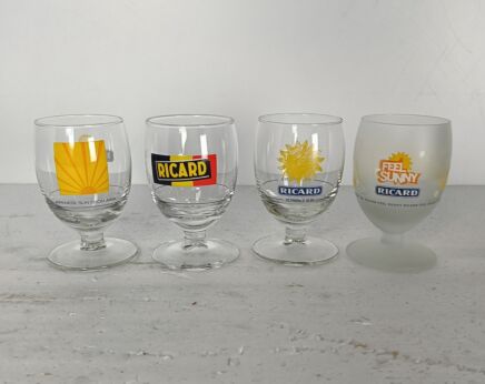 collection of 4 different vintage French Ricard Glasses Pastis Apero France Collector