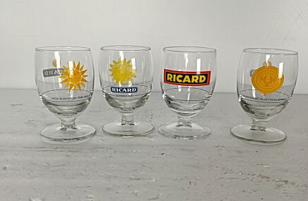 set of 4 different vintage French Ricard Glasses Pastis Apero France