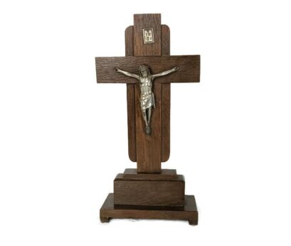 Art Deco standing table crucifix wood Spelter Corpus Christi Crucifixion antique 