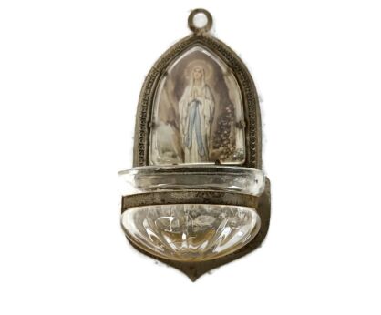 small mini antique holy water font vessel Lourdes wall hanging aluminium 