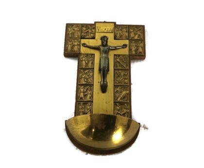 Large Holy water font Vessel wall hanging antique modernist Hammered copper on wood stations of the cross