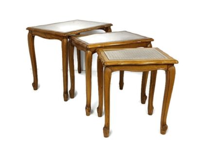 Set of 3 Wooden Nesting Stacking Side Tables Rush glass Barn Country Farmhouse style vintage