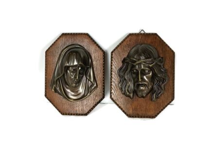 antique art deco couple wall hangings Jesus Christ head of thorns Virgin Mary wood 