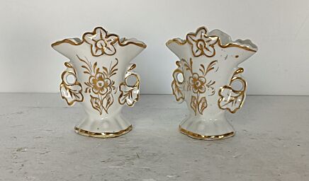 Couple Antique Vieux Paris Porcelain Fan Flair Bridal Vases  France