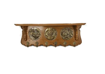 Hand Carved Wood Coat Hat Rack Breughel Style Brueghel brass plaques vintage