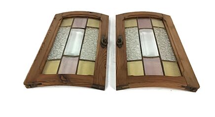 antique small cabinet doors pair leaded glass pine wood bentwood WOW