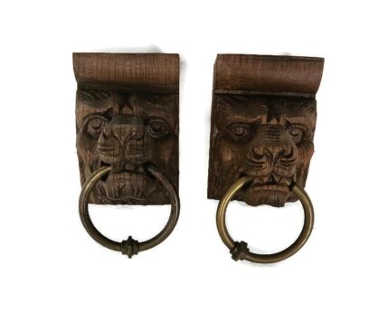 Antique Pair Corbels Hand Carved Wood Trims Architectural reclaimed Lion Heads with ring 