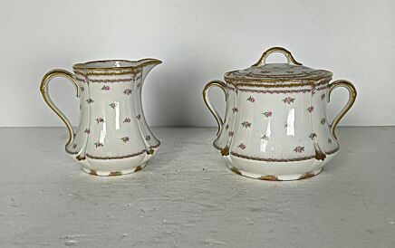 Sugar bowl Creamer Large antique Dekor Gilda Limoges rose buds Frognet set of 2