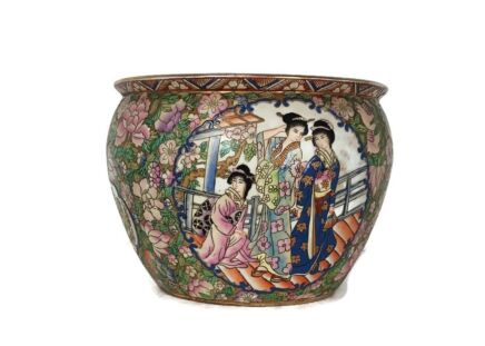 Vintage Chinese Porcelain Enamel Koi Fish Bowl Planter Vase Flowers Cachepot Hand Painted