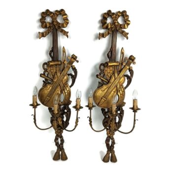 Large pair  wall sconces lamps Sheaf of Wheat antique wood musical instrument Hollywood regency