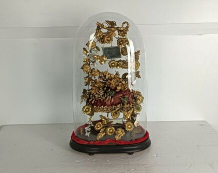 oval Antique 1800s Victorian French Bridal Wedding Glass Dome Gold Ormulu Gilt birds