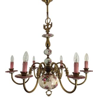 vintage Italian chandelier porcelain brass pink flowers 6 arm ligths Italy