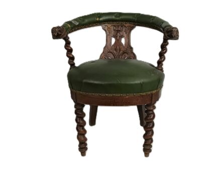 Antique Barley Twist Hand carved Wood Chair Leather Seating Ornate lion Heads  19th century