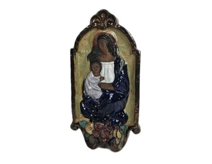 Large ceramic glazed plaque  Madonna and Infant vintage wall hanging bas relief