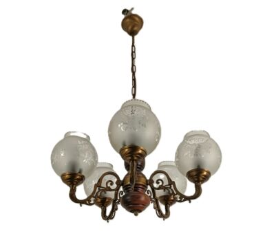 Vintage Chandelier 5 arm lights wood etched art glass   shades fixture