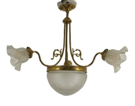 Art deco antique chandelier 4 lights 3 arm decorative etched glass French empire 