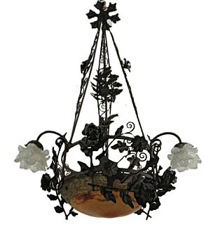 Large Wrought Iron Pate de verre shade 3 arm 4 lights exquisite Antique art deco