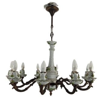 Capodimonte Porcelain Bronze Chandelier 10 arm Lights, white, Italy Vintage 
