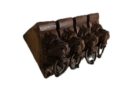 Antique set of 4 Corbels Hand Carved Wood Pediments Architectural Lion Heads with rings  Trims