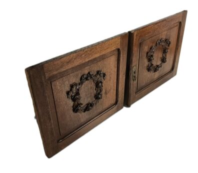 pair Antique Door Panels carved wood Flower Wreath architectural reclaimed salvaged 