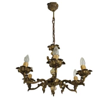 Chandelier 6 Lights Arms Putti Hollywood Regency Spelter Marble Vintage