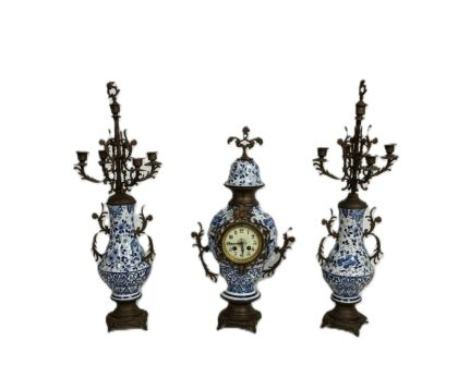 3 Piece Garniture Mantle Set Clock with couple Candelabras Delft Blue white porcelain antique 