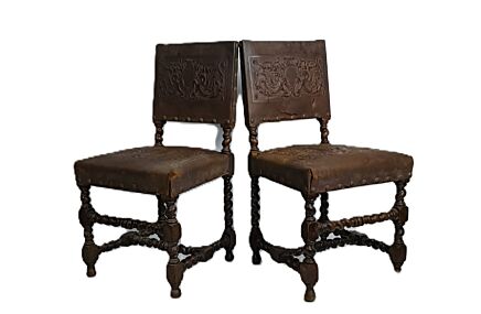 set of 2 Antique Gothic 1900s Chairs barley twist Wood Renaissance Dragons Leather 