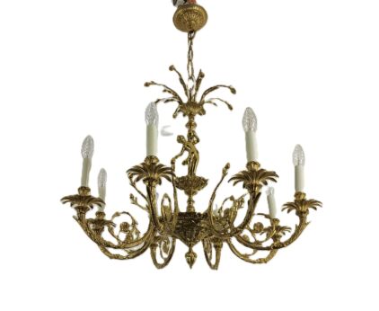 Ornate Hollywood Regency chandelier 6 arm lights brass Lady vintage Spanish revival
