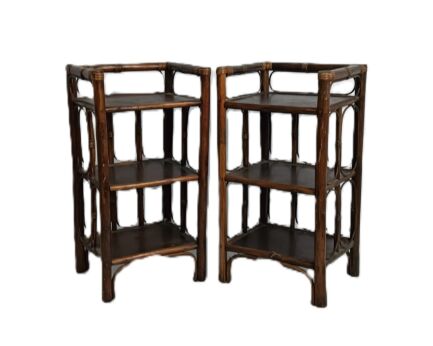 set of 2 Bamboo rattan Wooden shelve units book shelves plant stands vintage Japandi style