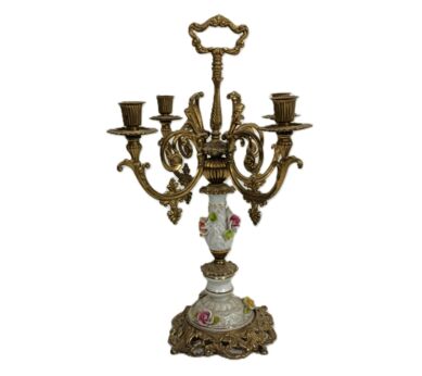 Vintage Candelabra candle stick brass porcelain 3d flowers Modernist 4 arm