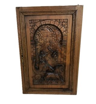 Antique Flemish door panel carved wood WOW Female Warrior Horses reclaimed architectural