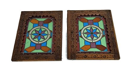 pair Antique Wooden Leaded glass star Door Panels  Salvaged Reclaimed Architectural Prairie style