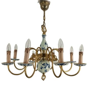 Large delft chandelier blue white porcelain brass 8 arm lights vintage barn style