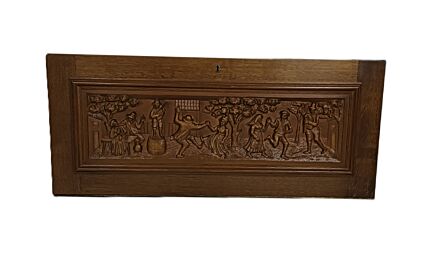Party scene carved wooden panel bas relief reclaimed architectural antique Breughel style