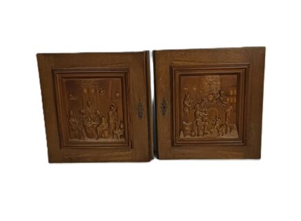 Pair Vintage  Carved Wood Breughel style  Door Panels Reclaimed Architectural Cabinet Doors