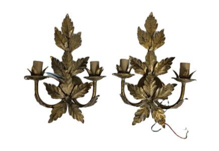 Pair Metal  Hollywood Regency  Leafs Ornate  Double Wall Sconces vintage modernist 