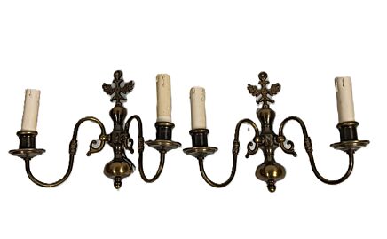 Pair Brass Flemish Double  Ornate  Double Wall Sconces vintage modernist Eagles 