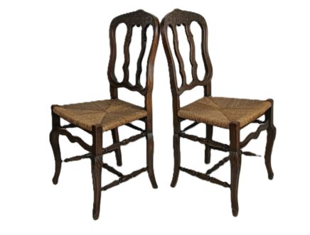 Antique Wood Louis XV Style Cane Rush Seat Dining Chairs  Pair French Elegant
