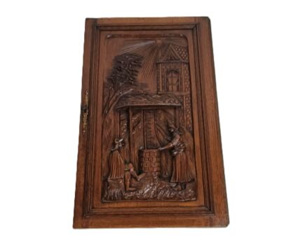 Antique Hand Carved  wooden Door Panel  Reclaimed Architectural couple at well