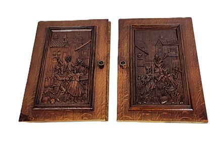 Large couple of door panels carved wood Breughel scenes reclaimed architectural vintage