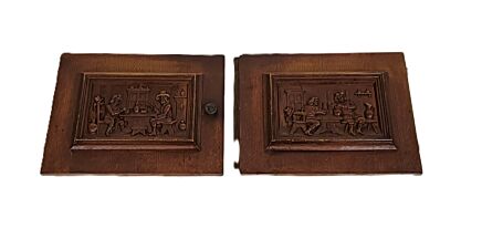 pair door panels vintage carved wood bas relief Breughel style card players 