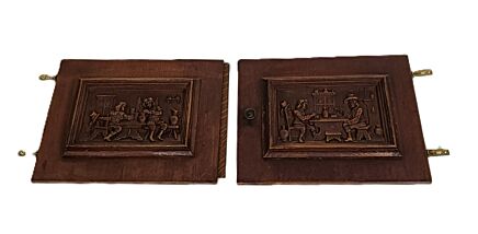 pair door panels vintage carved wood bas relief Breughel style bar scenes  reclaimed