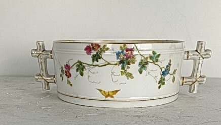 Victorian Antique Hand painted porcelain serving bowl Jardiniere Flower pot faux bois handles