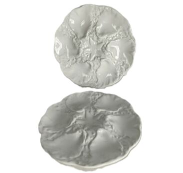 two white Pottery faience Ceramic Oyster Plates Seafood Crab  stylish Vintage
