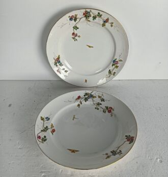 couple Victorian antique 19th century serving plates  Hand painted flowers butterflies 